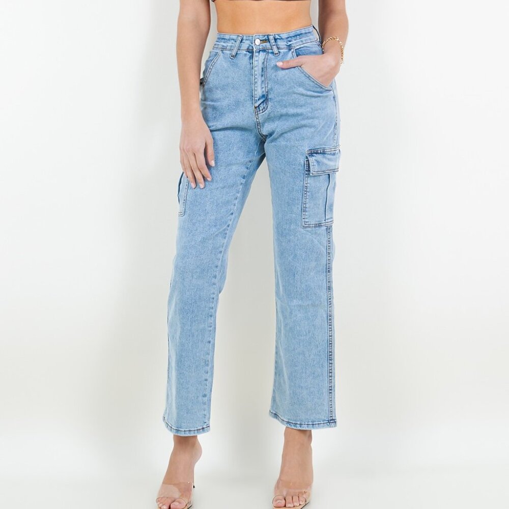 High waist denim pants pocket baggy cargo jeans
